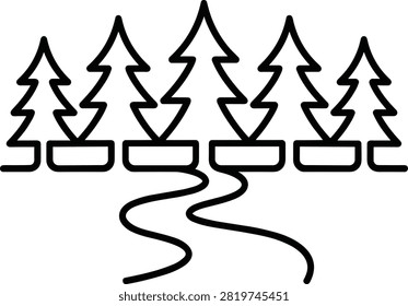 Simple line art illustration depicting a row of stylized pine trees with a winding path leading through them creating a serene natural scene