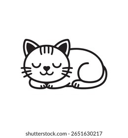 A simple line art illustration depicts a tabby cat sleeping peacefully. The cat is drawn in a minimalist style with black outlines against a white background. 