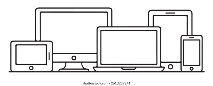 Simple, line art illustration of a desktop computer, laptop, tablet, and smartphone.
