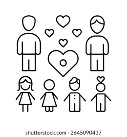 Simple line art illustration of diverse people and hearts. Represents family, love, and connection. Black outline on a white background.