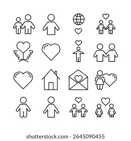 Simple line art illustration of diverse people and hearts. Represents family, love, and connection. Black outline on a white background.