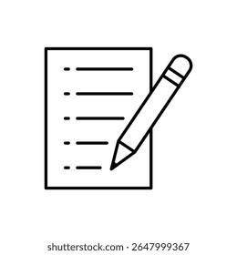 A simple line art illustration of a document with a pencil, symbolizing writing, editing, or creating content.