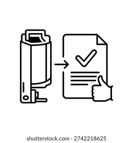 Simple line art illustration of a document scanner outputting a digital document with a checkmark and thumbs up, symbolizing approval and quality.
