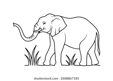 Simple Line Art Illustration Of An Elephant In Grass For Coloring Book