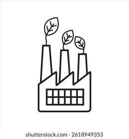 A simple line art illustration of a factory with chimneys emitting leaves, symbolizing eco-friendly industry