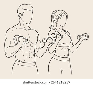 A simple line art illustration featuring a couple performing bicep curls.