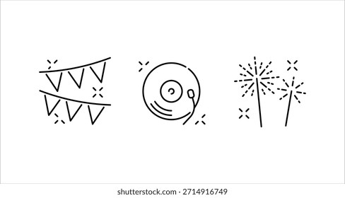 Una simple ilustración de arte lineal con tres íconos distintos que representan los Elementos del partido: bunting festivo, un reproductor de discos de vinilo y fuegos artificiales brillantes