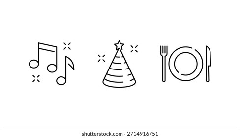 Eine einfache Illustration mit drei verschiedenen Symbolen: musikalische Noten, ein Partyhut und ein Ort mit Gabel und Messer