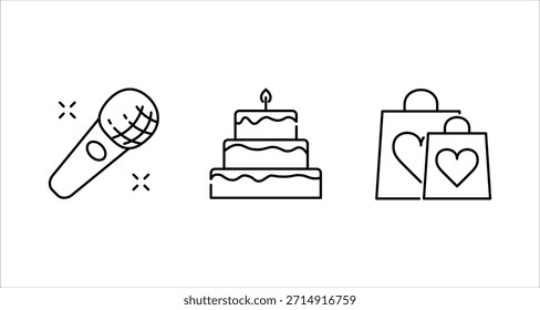 Una ilustración de arte lineal simple con tres íconos distintos que representan los Elementos de celebración: un micrófono, un pastel de varios niveles con una sola vela y dos bolsas de compras adornadas con símbolos de corazón