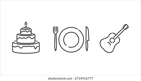 Una ilustración de arte lineal simple que presenta un pastel de cumpleaños escalonado con una vela, un lugar con un plato, tenedor y cuchillo, y una guitarra acústica