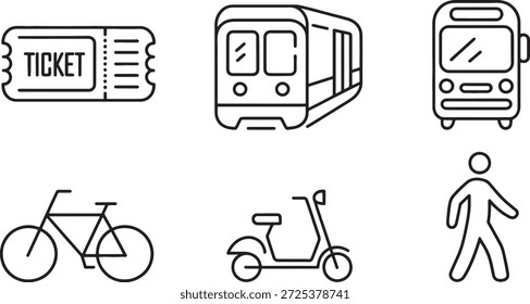Simple line art illustration featuring various transportation modes including a ticket, train, bus, bicycle, scooter, and walking person representing modern public transit and travel convenience.
