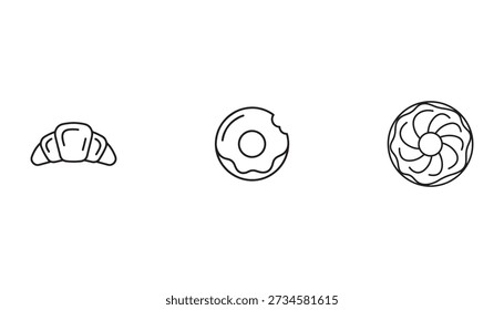 Una ilustración de arte lineal simple con un croissant y dos tipos de donas sobre un fondo blanco.