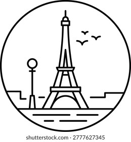 A simple line art illustration featuring the Eiffel Tower, birds in flight, and a cityscape, perfect for travel-related designs.