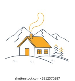 A simple line art illustration featuring a small house with a smoking chimney nestled against mountain peaks and pine trees.
