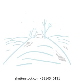 A simple line art illustration featuring a small fox sitting next to a bare tree on a gentle snow covered mound in a winter landscape