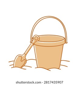 A simple line art illustration featuring a beach bucket with a handle and a small shovel resting on a sandy surface isolated on white