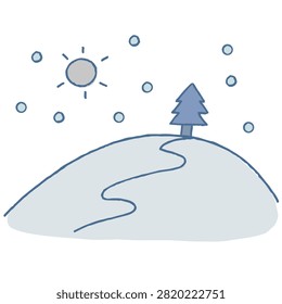 A simple line art illustration featuring a snow covered hill with a lone pine tree under a sun during a light snowfall