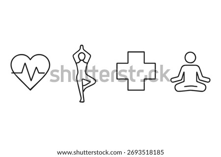 A simple line art illustration featuring four icons: a heart with a cardiogram, a person in a yoga pose, a medical cross, and a person meditating, all isolated on a white background.