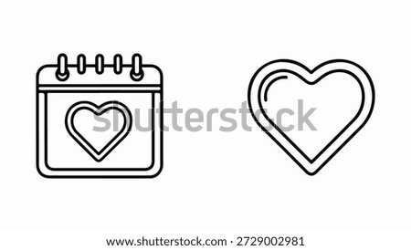 A simple line art illustration featuring two elements. On the left, a calendar icon is depicted, with a heart symbol prominently displayed on its face. The calendar has a spiral binding at the top, suggesting it's a tear-off or spiral-bound type. On the right, a standalone heart icon is presented, also in a clean line art style. Both graphics are presented in black outline on a white background, suitable for digital or print design.