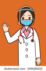 Simple line art illustration of a female doctor wearing a face shield and mask, upper body, lab coat
