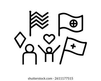 Simple Line Art Illustration of Flags and Symbols. A graphic design featuring simple, black line art of flags (American, another flag with a star, and a blank flag), a heart, and a person holding a fl