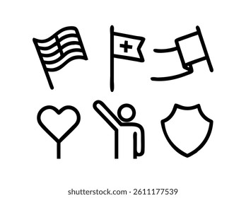 Simple Line Art Illustration of Flags and Symbols. A graphic design featuring simple, black line art of flags (American, another flag with a star, and a blank flag), a heart, and a person holding a fl