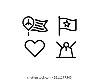 Simple Line Art Illustration of Flags and Symbols. A graphic design featuring simple, black line art of flags (American, another flag with a star, and a blank flag), a heart, and a person holding a fl