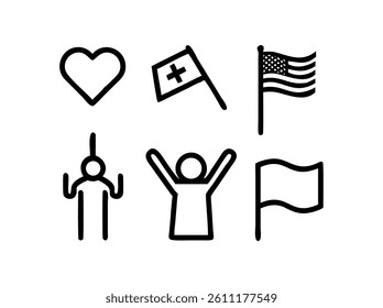 Simple Line Art Illustration of Flags and Symbols. A graphic design featuring simple, black line art of flags (American, another flag with a star, and a blank flag), a heart, and a person holding a fl