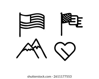 Simple Line Art Illustration of Flags and Symbols. A graphic design featuring simple, black line art of flags (American, another flag with a star, and a blank flag), a heart, and a person holding a fl