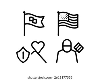 Simple Line Art Illustration of Flags and Symbols. A graphic design featuring simple, black line art of flags (American, another flag with a star, and a blank flag), a heart, and a person holding a fl