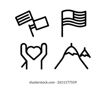 Simple Line Art Illustration of Flags and Symbols. A graphic design featuring simple, black line art of flags (American, another flag with a star, and a blank flag), a heart, and a person holding a fl
