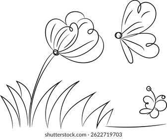 Simple line art illustration of a flower with two butterflies, perfect for children's books, cards, or nature-themed designs. Clean and minimalist style.