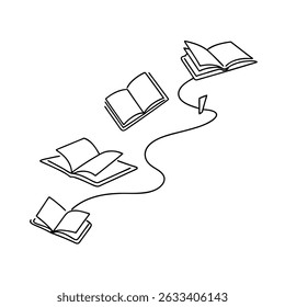 Simple line art illustration of flying open books connected by a single line