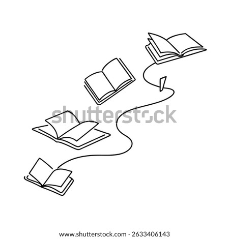 Simple line art illustration of flying open books connected by a single line