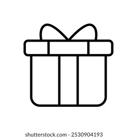A simple line art illustration of a gift box with a ribbon.