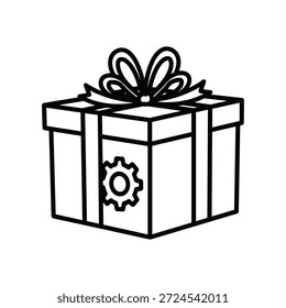 Einfache Linienkunst-Illustration einer Geschenkbox mit einem Zahnradsymbol darauf, die ein nachdenkliches Geschenk symbolisiert
