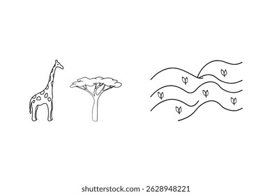 Simple line art illustration of a giraffe tree and savannah landscape elements