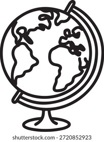 Eine einfache, kunstvolle Illustration eines Globus, der sich auf Amerika konzentriert, auf einem Ständer mit minimalistischem Design, der globale Vernetzung und kulturelle Vielfalt auf einfache und elegante Weise symbolisiert.