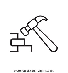 Simple Line Art Illustration of a Hammer Striking a Block, brick hammer icon, logos, vector illustration