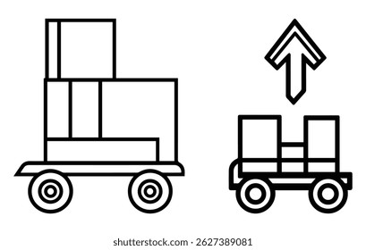 Simples ilustração de arte de linha de um caminhão de mão carregando caixas, mostrando o movimento para cima.