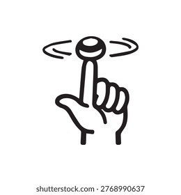 Simple line art illustration of a hand skilfully balancing a spinning ball on its index finger, symbolizing precision and dexterity.