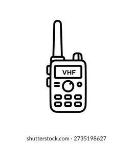 Simple line art illustration of a handheld VHF radio device with antenna and keypad on a white background.