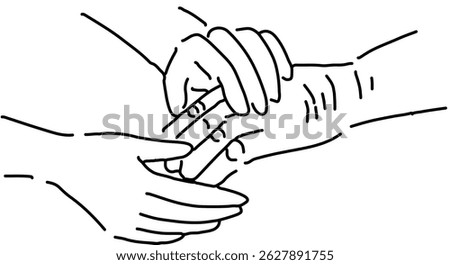 A simple line art illustration of hands gently holding an elderly person's hand, symbolizing warmth, care, and compassion.