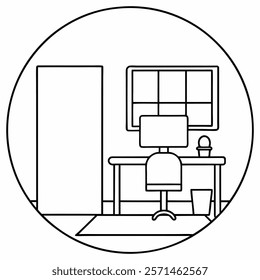 Simple Line Art Illustration of a Home Office Space