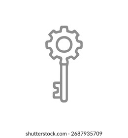 Einfache Illustration eines Schlüssels mit einem Getriebe am Kopf, das den Zugriff auf Einstellungen, Konfigurationen oder Lösungen symbolisiert