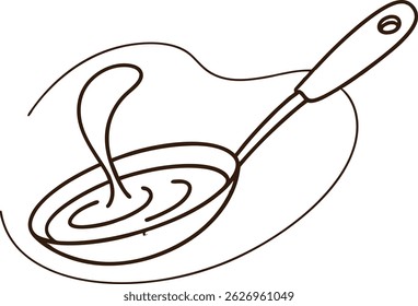 Simple line art illustration of a ladle with hot soup or broth with steam