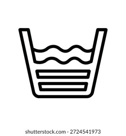 Ilustración de arte de línea simple de una cesta de lavandería con líneas onduladas que indican agua y ropa en el interior