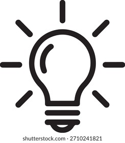 Ilustração de arte de linha simples de uma lâmpada que emite raios de luz. Representa ideia, inovação, solução ou criatividade em um estilo minimalista.
