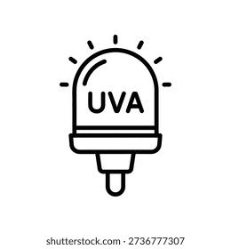Simple line art illustration of a light bulb with UVA label, emitting rays, on a white background.