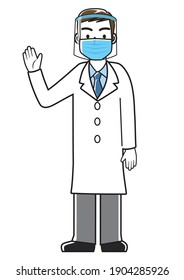 Simple line art illustration of a male doctor wearing a face shield and mask, whole body, white coat